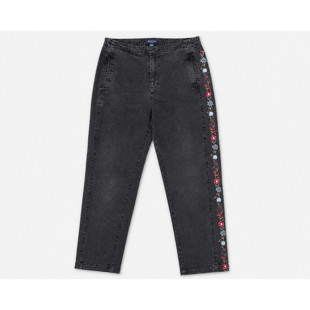 QVC Denim & Co Women's Jeans M High Waist Black Denim Floral Embroidery‎ 30X29